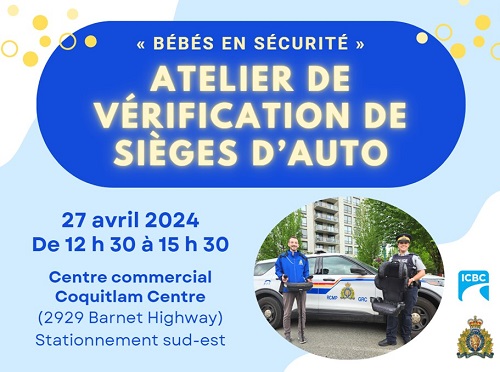 Devant un v&eacute;hicule de police identifi&eacute;, un employ&eacute; de la Ville de Coquitlam et une agente de la GRC tiennent des si&egrave;ges d&rsquo;auto.