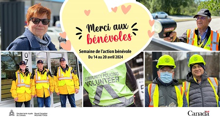 Collage de photos de plusieurs b&eacute;n&eacute;voles effectuant diverses t&acirc;ches. Le texte &laquo;&thinsp;Merci aux b&eacute;n&eacute;voles&thinsp;&raquo; figure &eacute;galement sur l&rsquo;image pour t&eacute;moigner de notre reconnaissance envers ces personnes dans le cadre de la Semaine de l&rsquo;action b&eacute;n&eacute;vole.