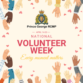 Image depicting raised hands with the words, "April 14-20 National Volunteer Week Every moment matters"