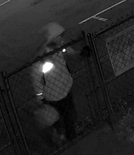 A black and white image of a person standing in front of a chain link fence with a jerry can in their right hand. 
