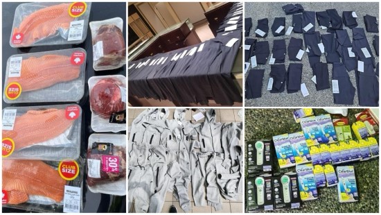 Collage featuring assortment of recovered merchandise including yoga pants, track suits, pregnancy tests, meat, and salmon.