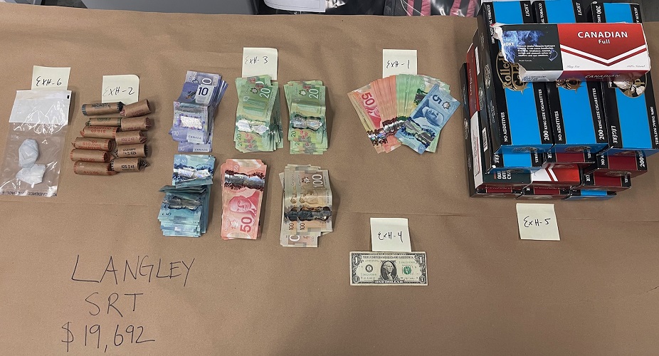Photograph of seized currency, tobacco and drugs