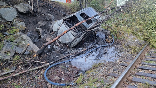 Mazda 3 had travelled off road right, colliding with a large rock and flipping over onto its roof
