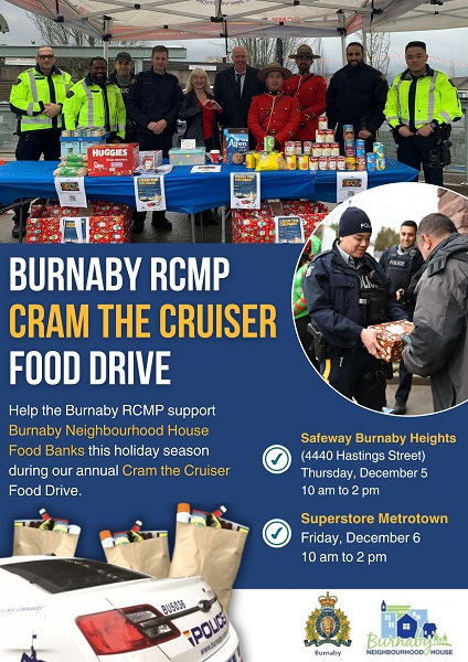 A poster that reads: Burnaby RCMP Cram the Cruiser Food Drive &ndash; help the Burnaby RCMP support Burnaby Neighbourhood House Food Banks this holiday season during our annual Cram the Cruiser Food Drive. Safeway Burnaby Heights (4400 Hastings Street) Thursday, December 5, 10 am to 2 pm, Superstore Metrotown, Friday, December 6, 10 am to 2 pm. There are images of police officers in various uniforms standing at a table with food, another image of a uniformed police officer with a donation box, an image of a police cruiser and some bags of food. There are logos for Burnaby RCMP and Burnaby Neighbourhood House. 