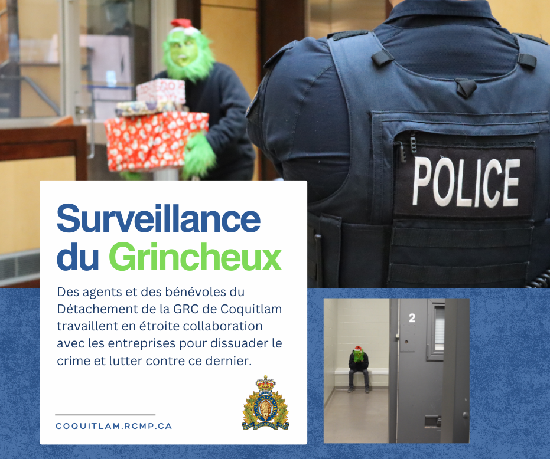 Un policier regarde une personne v&ecirc;tue comme le Grincheux passer devant lui avec les bras remplis de cadeaux. Surveillance du Grincheux. Des agents et des b&eacute;n&eacute;voles du D&eacute;tachement de la GRC de Coquitlam travaillent en &eacute;troite collaboration avec les entreprises pour dissuader le crime et lutter contre ce dernier.