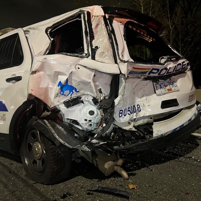 The back of a Burnaby RCMP cruiser which has been badly damaged in a collision