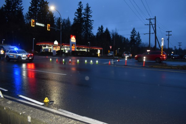 BC Highway Patrol investigating a fatal collision at the intersection of Highway 19 at Northwest Bay Road