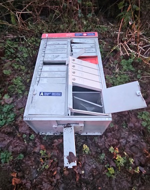 Photo of recovered mailbox on the side of the road
