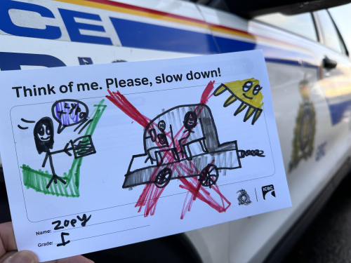postcard with a child&rsquo;s drawing of a car with text that reads: Think of me. Please, slow down!