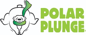 Polar bear wearing a green scarf beside the words Polar Plunge