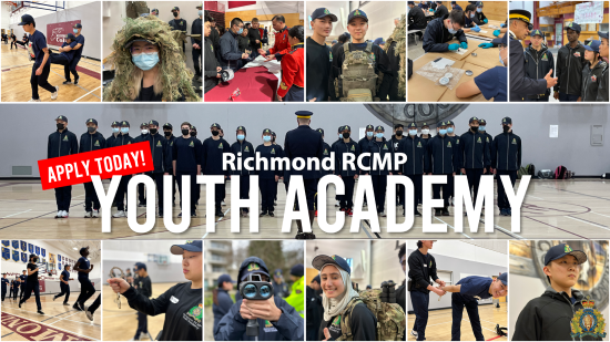Event poster with the text: Apply today! Richmond RCMP Youth Academy