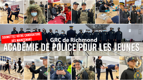 Affiche de l&rsquo;&eacute;v&eacute;nement avec le texte : SOUMETTEZ VOTRE CANDIDATURE D&Egrave;S MAINTENANT, GRC DE RICHMOND ACAD&Eacute;MIE DE POLICE POUR LES JEUNES 