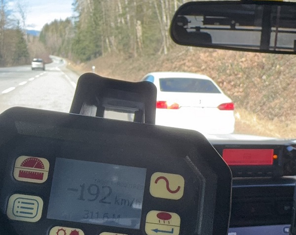 A BC Highway Patrol laser reader captures a speed of 192 km/h in a 100 km/h zone