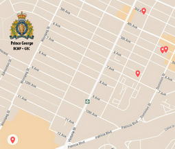 Carte du centre-ville de Prince George, de la rue Edmonton &agrave; la rue Dominion et de Twelfth Avenue &agrave; Third Avenue. Les lieux o&ugrave; les introductions par effraction ont eu lieu sont marqu&eacute;s par des points rouges : &icirc;lot 1600 de Fifteenth Avenue; &icirc;lot 1400 de Third Avenue; &icirc;lot 1200 de Fifth Avenue (deux points); &icirc;lot 1300 de Seventh Avenue.   