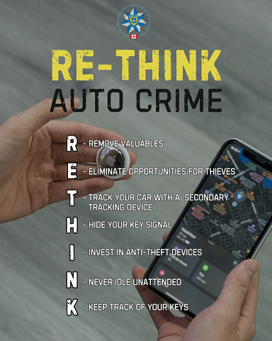 RETHINK auto crime poster of the acronym, with someone holding a cellphone in one hand and an AirTag in the other