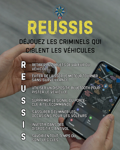Affiche R&Eacute;USSIS : D&eacute;jouez les criminels qui ciblent les v&eacute;hicules avec l&rsquo;acronyme et une personne tenant un t&eacute;l&eacute;phone cellulaire dans une main et un AirTag dans l&rsquo;autre