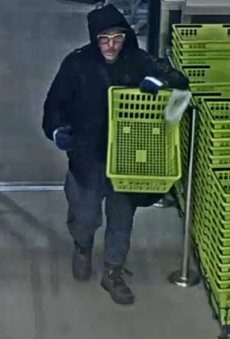 The described suspect walks into a store with a florescent green hand basket.