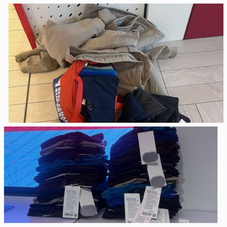 Collage containing pictures of clothing recovered including pants, leggings and jackets