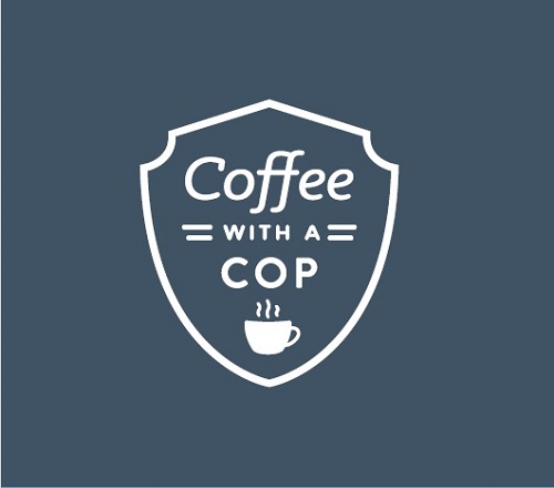 white Coffee with a Cop logo on slate blue background