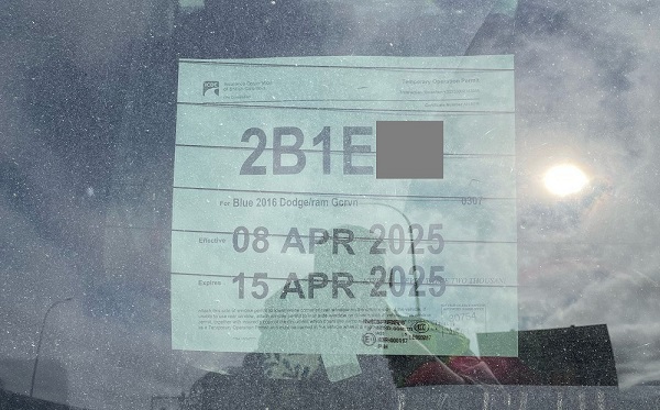 A forged Temporary Operating permit seized from a minivan