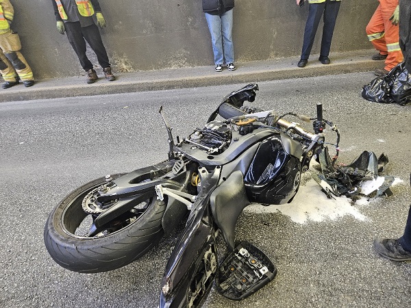 This motorcycle crashed in the Massey Tunnel causing huge delays and hurting the rider