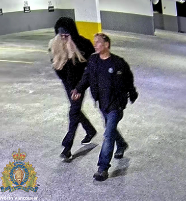 CCTV image of two suspects believed to be responsible for the detonation at a Lower Lonsdale MLA&rsquo;s office on June 27, 2025.