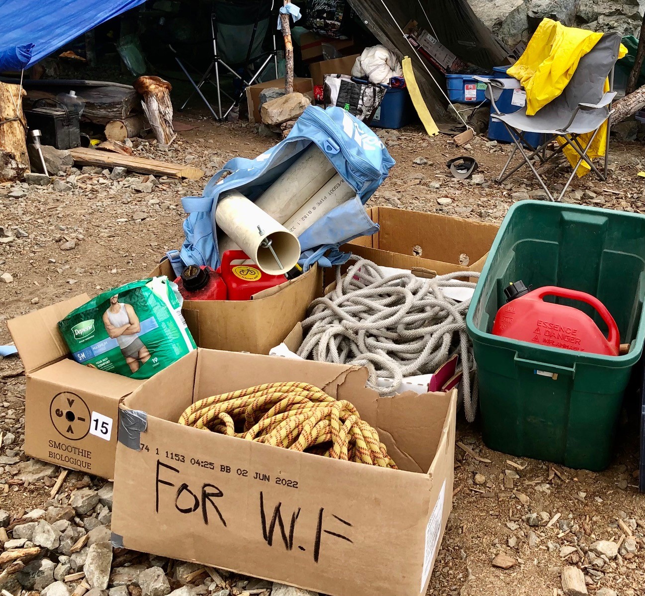 variety of items stashed in the forest