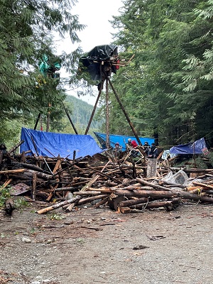 Photo of structure consisting of piles of logs and tripods behind it
