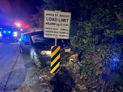 Photo of crashed Honda with police cars behind it