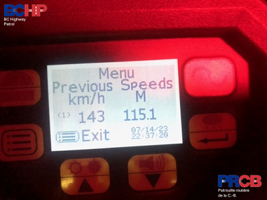 Photo of police laser speed reading indicating a speed of 143 km/h