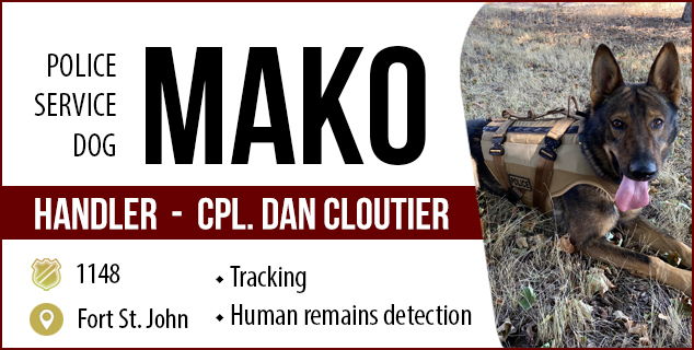 Police Service Dog Mako is seen in the grass wearing his brown and tan police dog vest. He also has his tongue out.