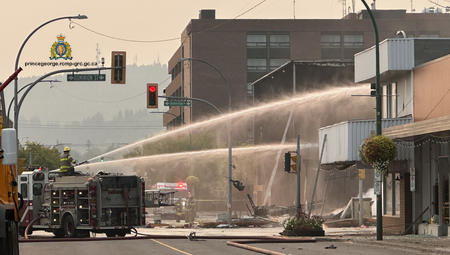Photo of the street where emergency crews were stationed, outside of the building where the explosion occurred.