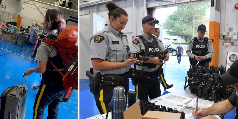 Collage  - . Female officer with a suitcase and orange back pack. Three officers are shown from behind lining up, and a third uniformed male officer is seen at a table signing in. 