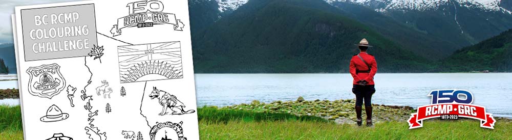 BC RCMP Colouring Challenge &ndash; thumbnail of colouring page and RCMP member facing the water and mountains.