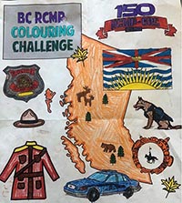 BC RCMP colouring challenge - sheet of RCMP policing items and shape of the Province of British Columbia