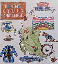 BC RCMP colouring challenge - sheet of RCMP policing items and shape of the Province of British Columbia