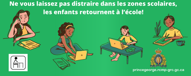 Dessins anim&eacute;s d'enfants faisant leurs devoirs sur fond vert, avec les mots &laquo; Ne vous laissez pas distraire dans les zones scolaires, les enfants retournent &agrave; l'&eacute;cole ! &raquo;