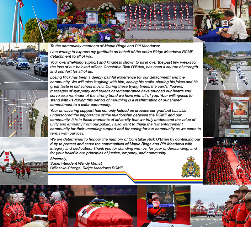 An Open Letter from the Officer-In-Charge in the centre with a collage of images honouring Cst. Rick O'Brien 
