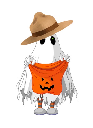 fant&ocirc;me qui porte un stetson de la GRC et qui tient ouvert un sac d&eacute;cor&eacute; d&rsquo;une citrouille d&rsquo;Halloween