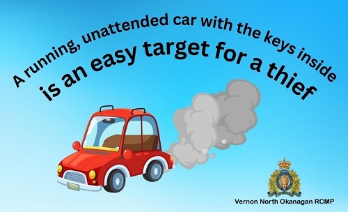 photo of cartoon car idling with a running, unattended car with keys inside is an easy target for a thief