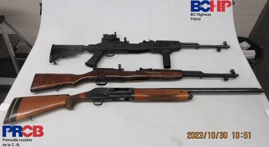 A shotgun and two rifles are displayed against a white backdrop